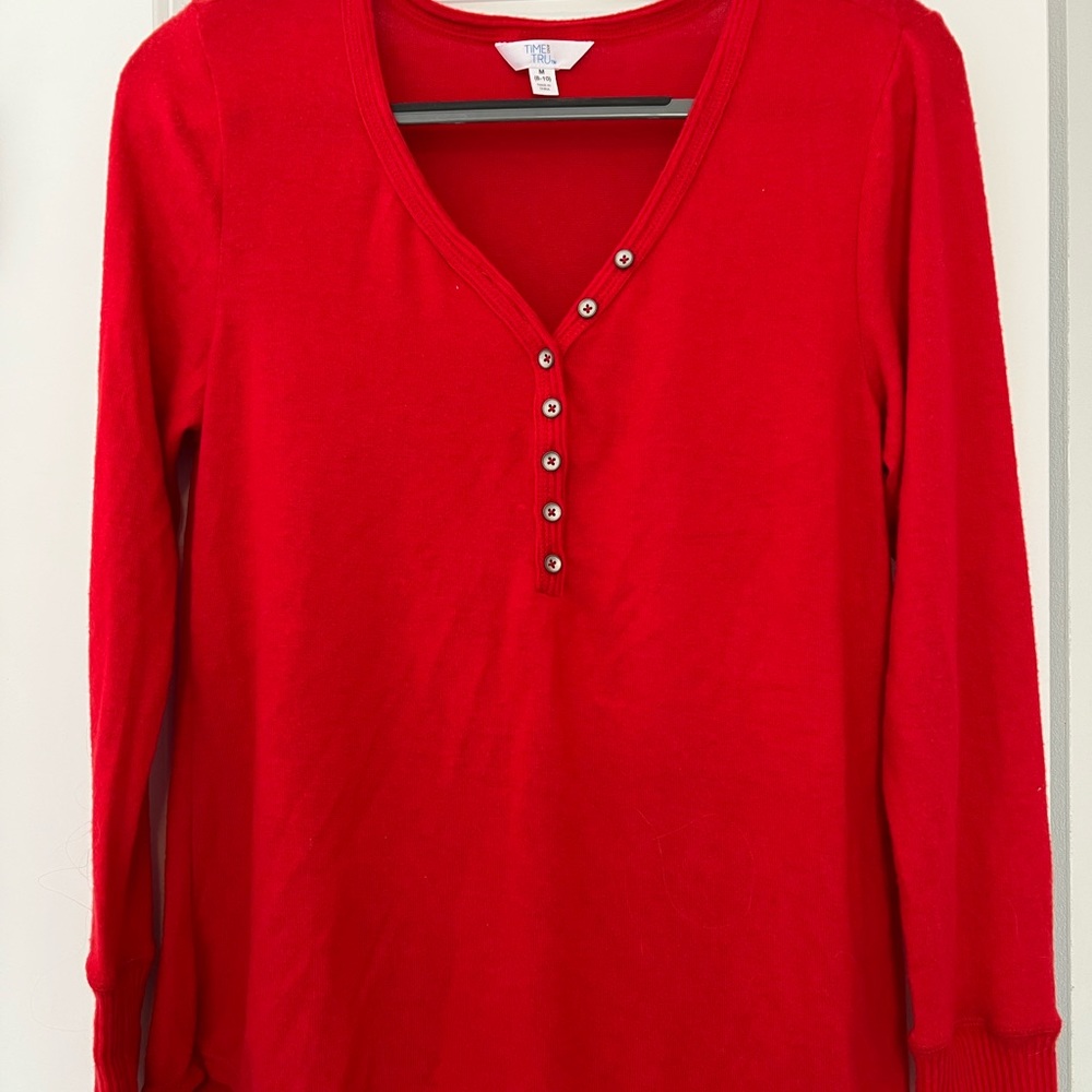 Time and Tru Long Sleeve Relaxed Fit Cozy Henley Red Shirt, Size Medium (8-10)